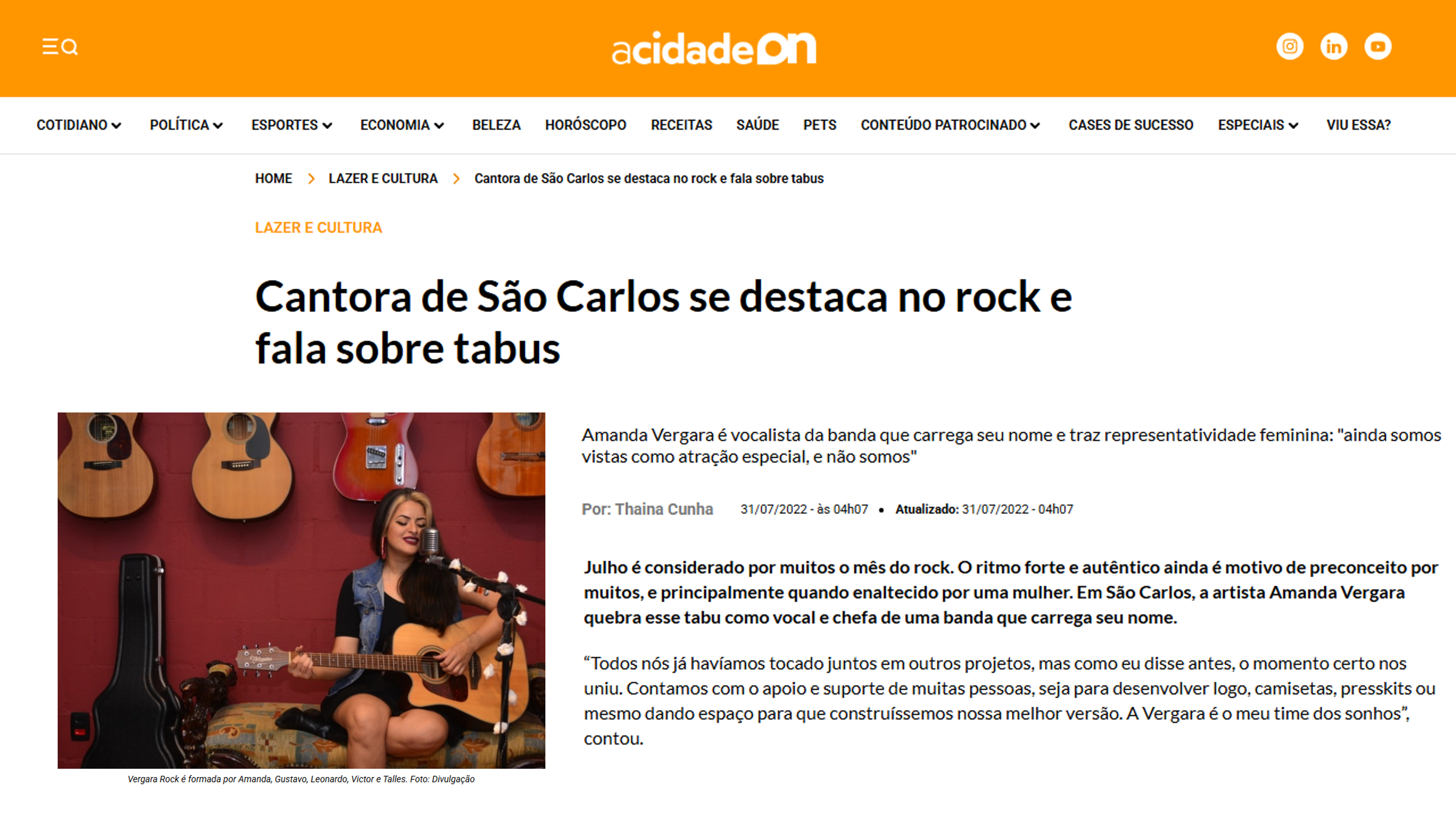 Matéria da aCidadeON: Cantora de São Carlos se destaca no rock e fala sobre tabus